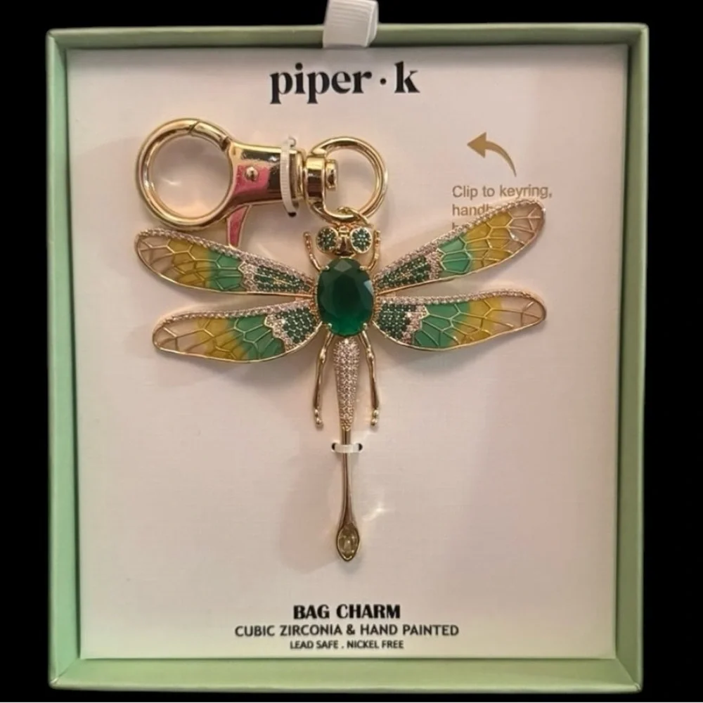 PIPER K Dragonfly Gold Hand-Painted with CZ Articulated Wings Bag Charm  NEW NWT